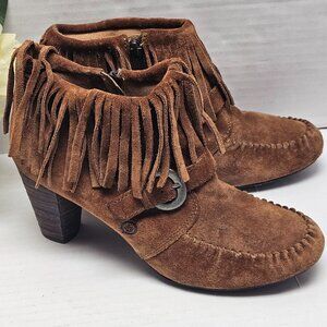 Born Brown Fringe Suede Leather Ankle Heel Booties Boots Western Boho 8 39